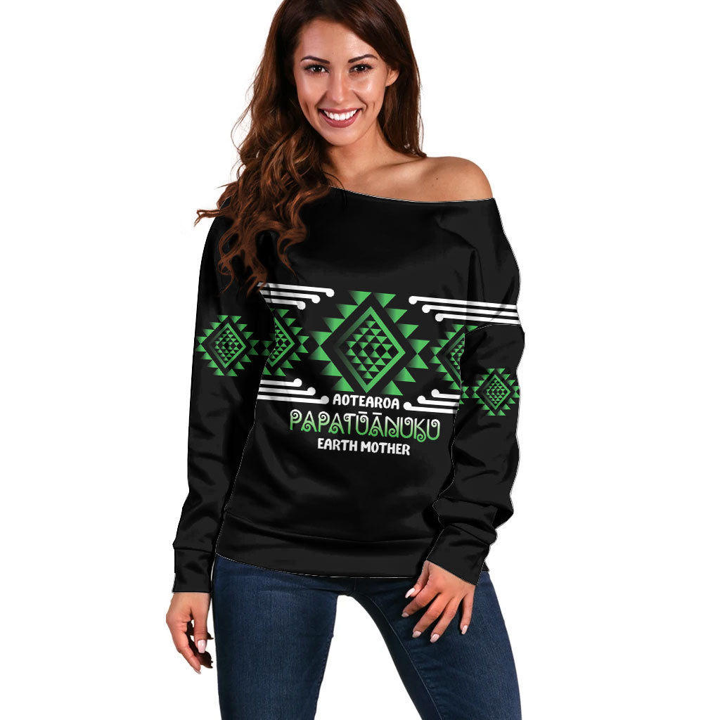 Aotearoa Atua Papatuanuku Personalised Off Shoulder Sweater Maori Earth Mother Taniko Motifs