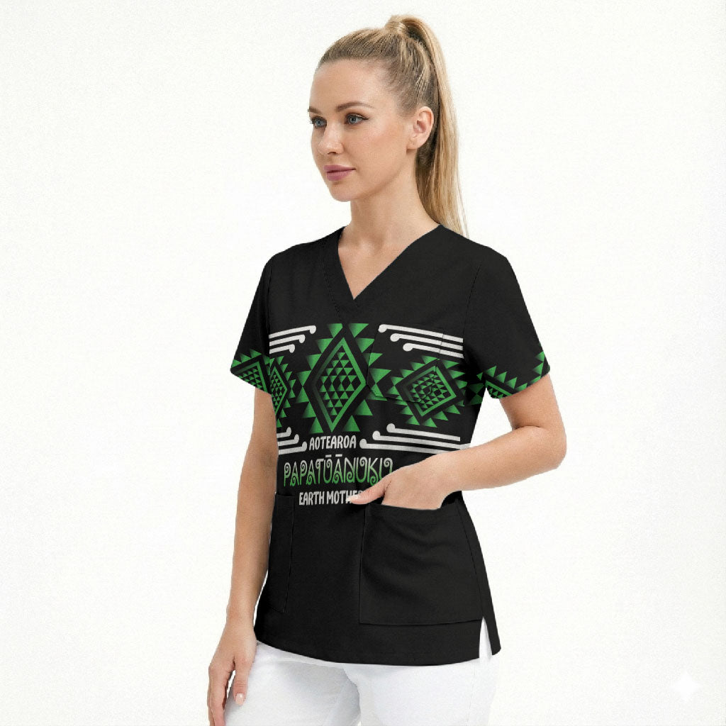 Aotearoa Atua Papatuanuku Personalised Scrub Top Maori Earth Mother Taniko Motifs