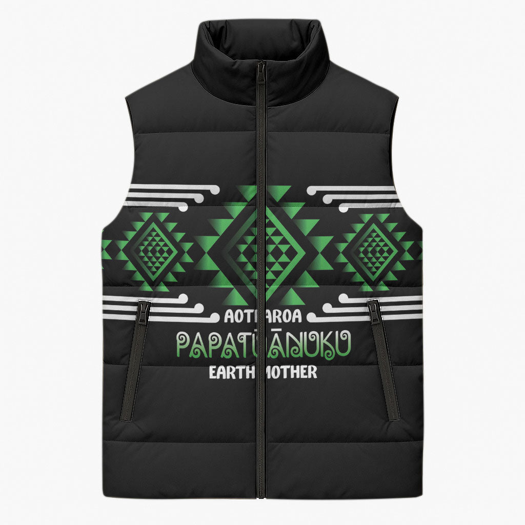 Aotearoa Atua Papatuanuku Personalised Sleeveless Puffer Jacket Maori Earth Mother Taniko Motifs