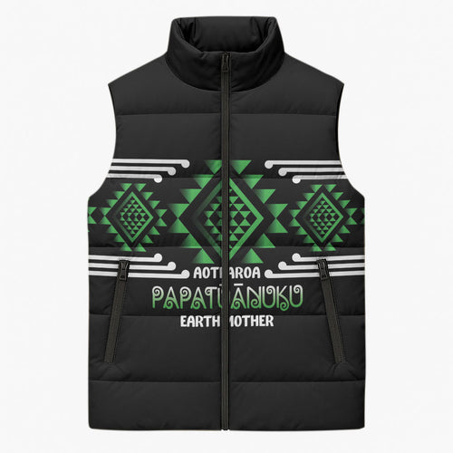 Aotearoa Atua Papatuanuku Personalised Sleeveless Puffer Jacket Maori Earth Mother Taniko Motifs