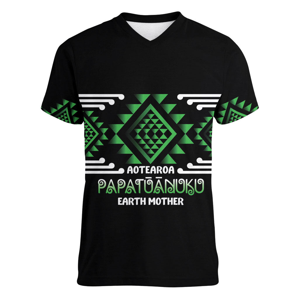 Aotearoa Atua Papatuanuku Personalised Women V-Neck T-Shirt Maori Earth Mother Taniko Motifs