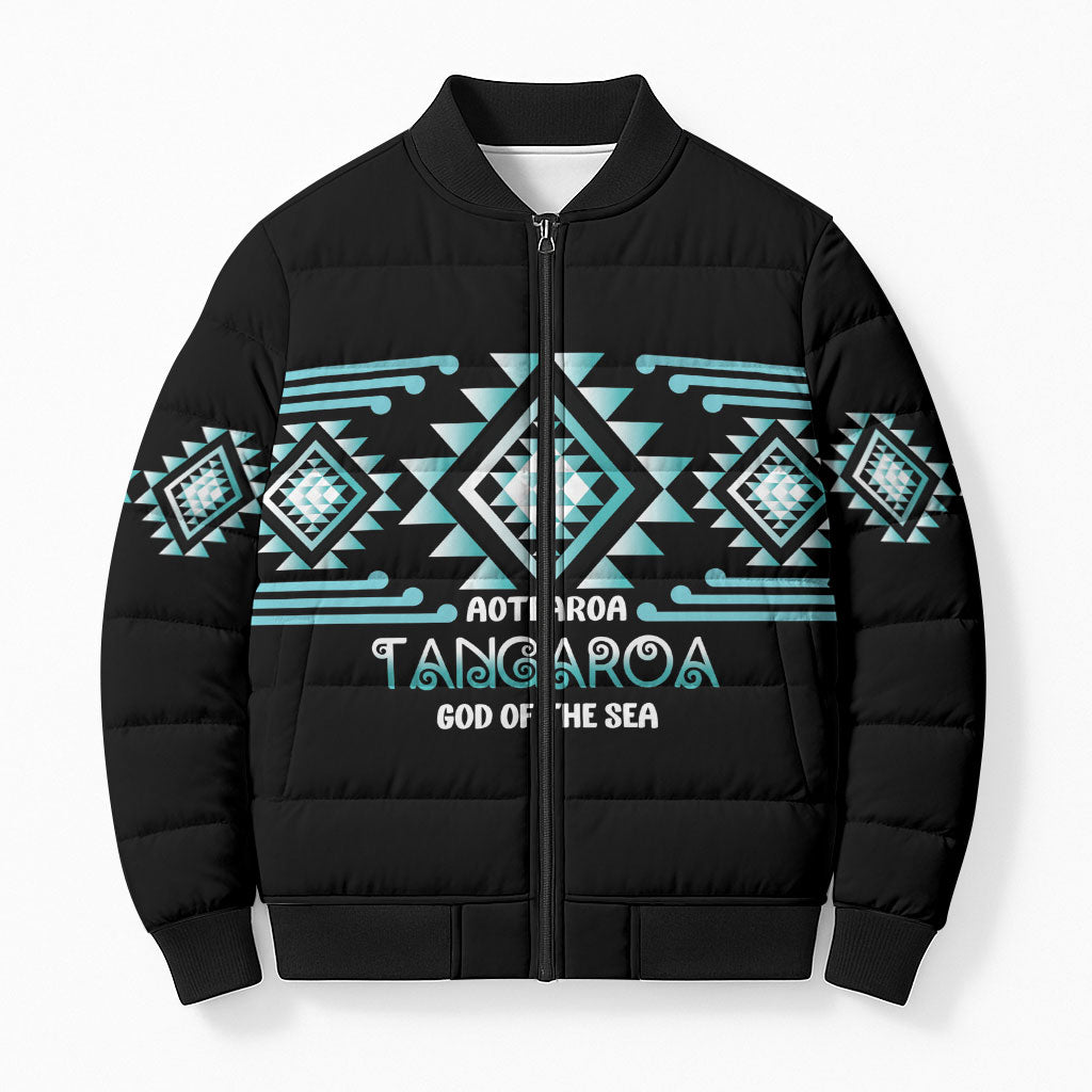 Aotearoa Atua Tangaroa Personalised Bomber Puffer Jacket Maori God Of The Sea Taniko Motifs