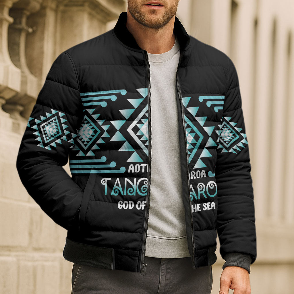 Aotearoa Atua Tangaroa Personalised Bomber Puffer Jacket Maori God Of The Sea Taniko Motifs