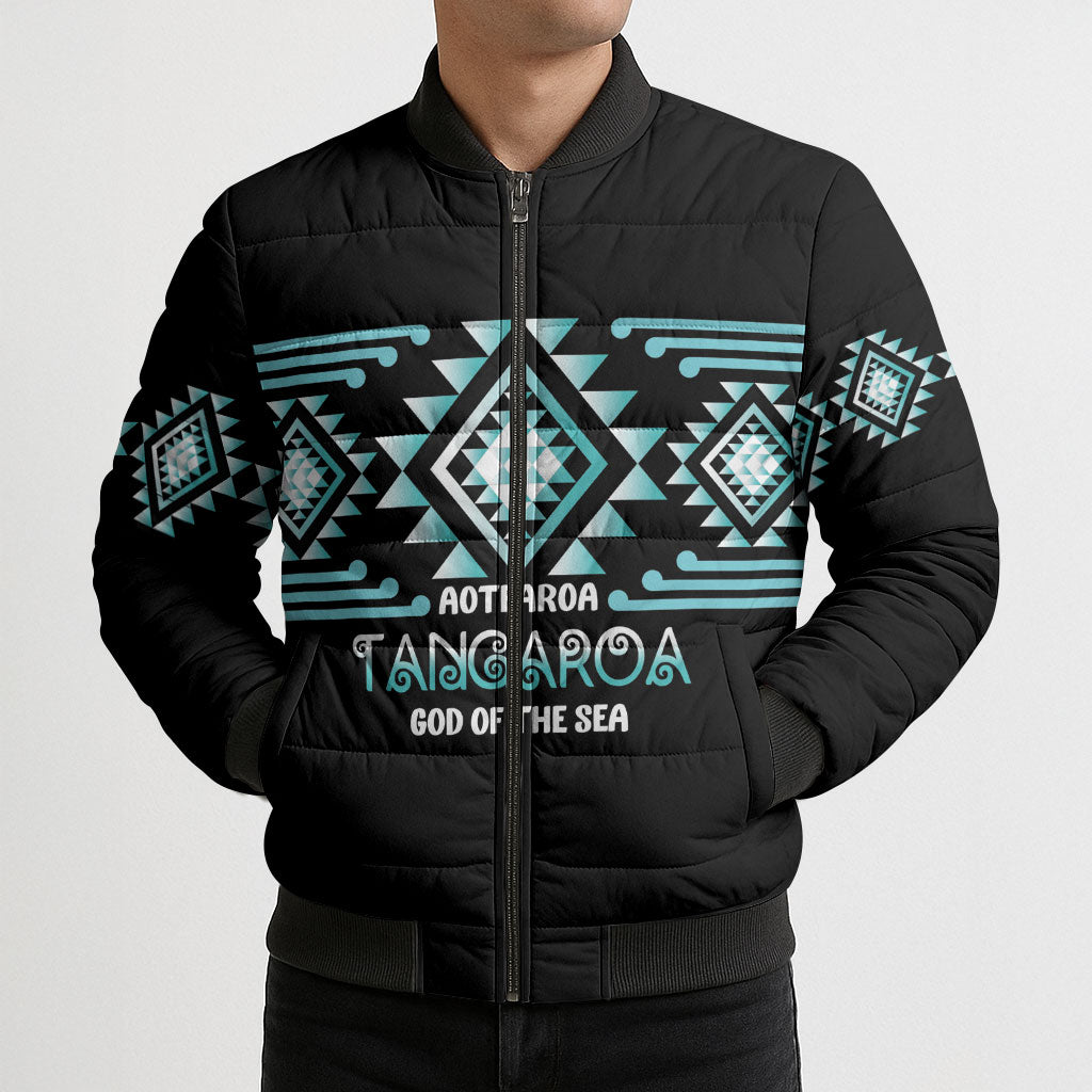 Aotearoa Atua Tangaroa Personalised Bomber Puffer Jacket Maori God Of The Sea Taniko Motifs