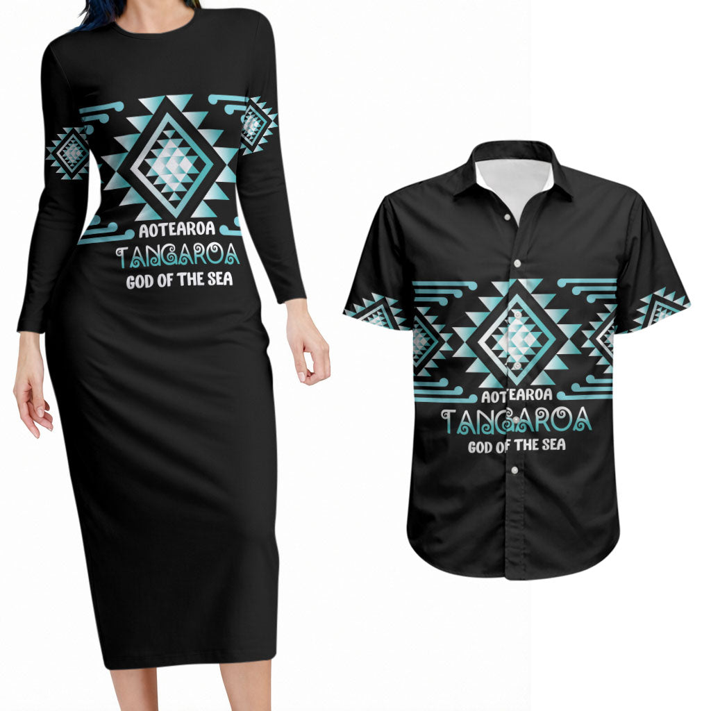 Aotearoa Atua Tangaroa Personalised Couples Matching Long Sleeve Bodycon Dress and Hawaiian Shirt Maori God Of The Sea Taniko Motifs