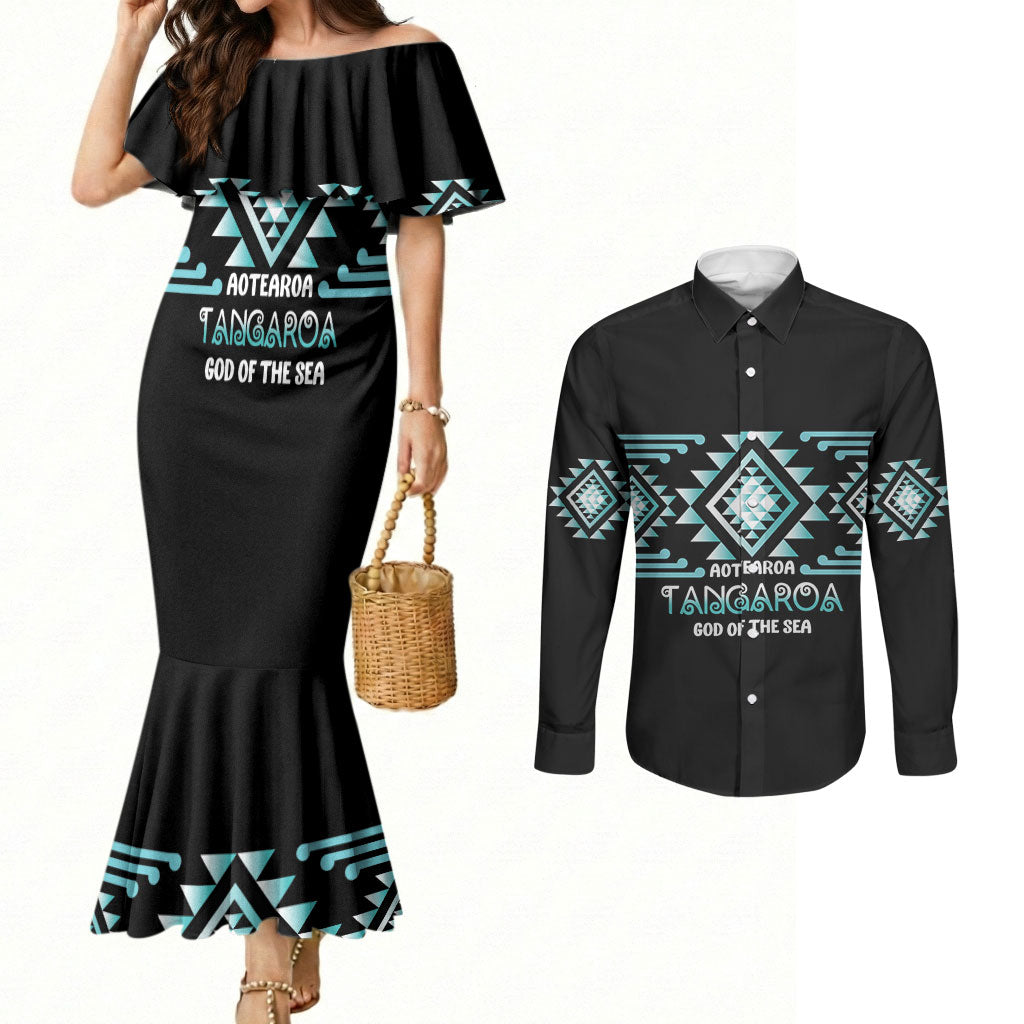 Aotearoa Atua Tangaroa Personalised Couples Matching Mermaid Dress and Long Sleeve Button Shirt Maori God Of The Sea Taniko Motifs