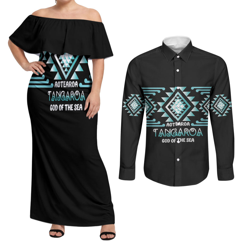 Aotearoa Atua Tangaroa Personalised Couples Matching Off Shoulder Maxi Dress and Long Sleeve Button Shirt Maori God Of The Sea Taniko Motifs