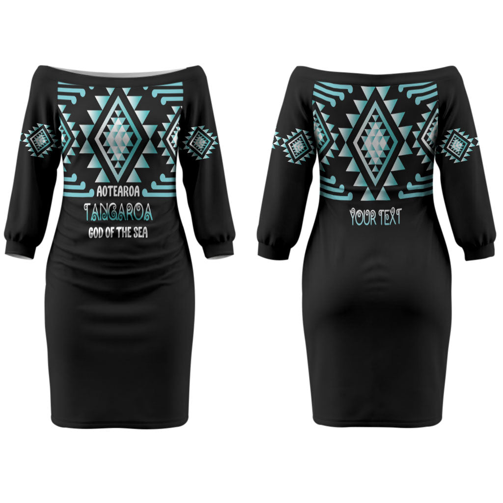Aotearoa Atua Tangaroa Personalised Couples Matching Off The Shoulder Long Sleeve Dress and Long Sleeve Button Shirt Maori God Of The Sea Taniko Motifs