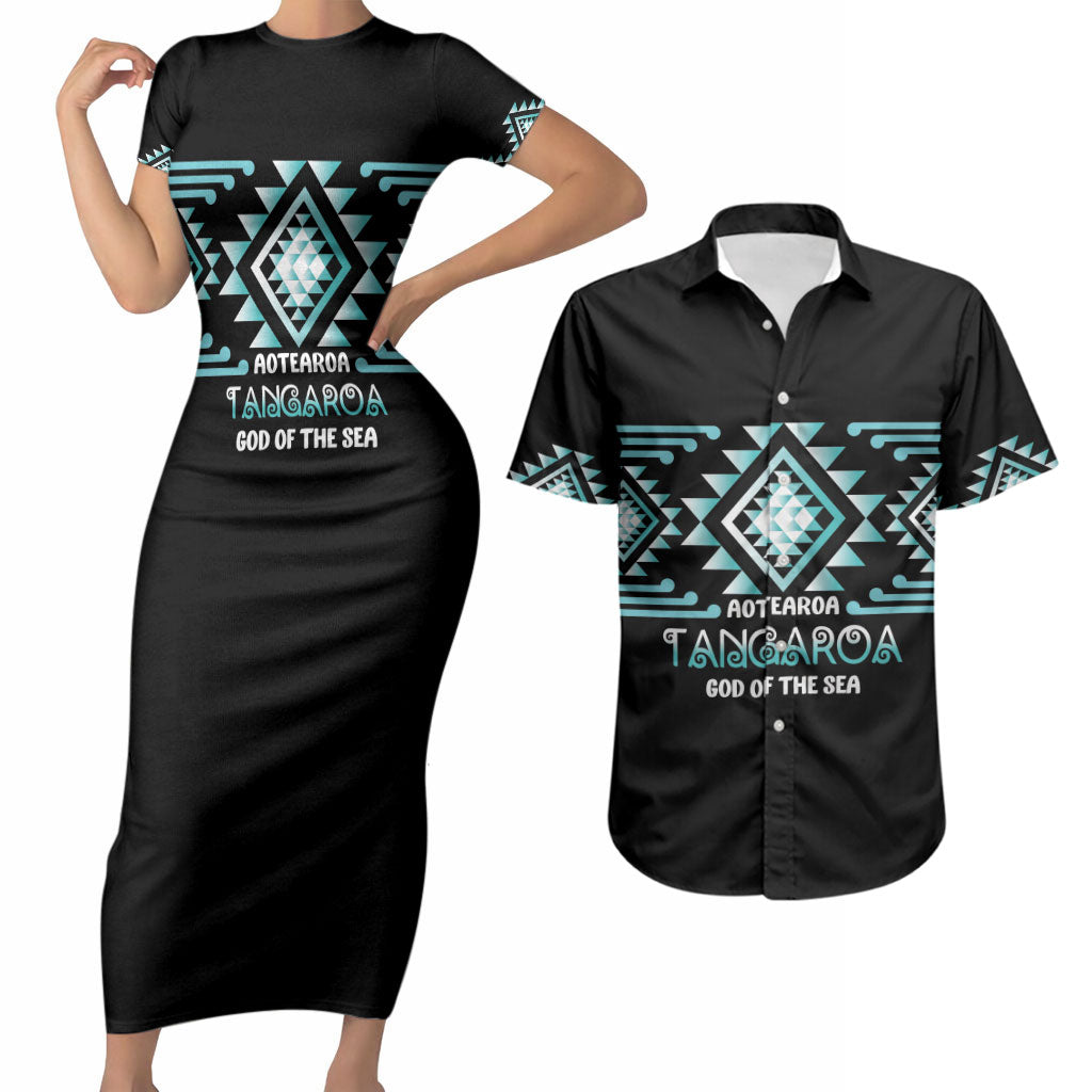 Aotearoa Atua Tangaroa Personalised Couples Matching Short Sleeve Bodycon Dress and Hawaiian Shirt Maori God Of The Sea Taniko Motifs