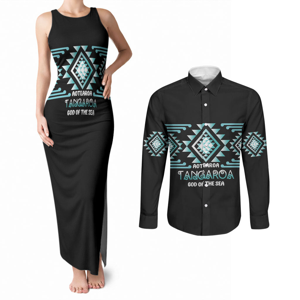 Aotearoa Atua Tangaroa Personalised Couples Matching Tank Maxi Dress and Long Sleeve Button Shirt Maori God Of The Sea Taniko Motifs
