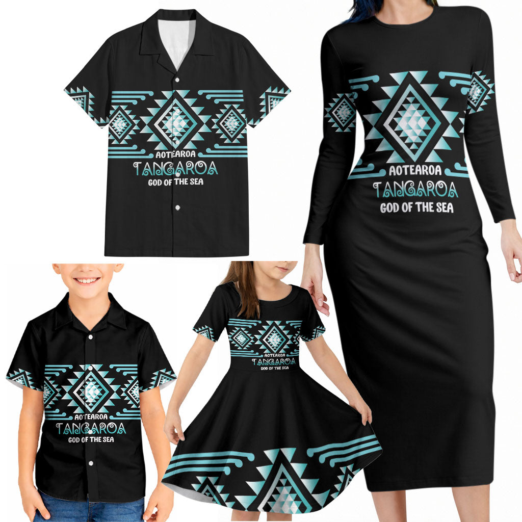 Aotearoa Atua Tangaroa Personalised Family Matching Long Sleeve Bodycon Dress and Hawaiian Shirt Maori God Of The Sea Taniko Motifs
