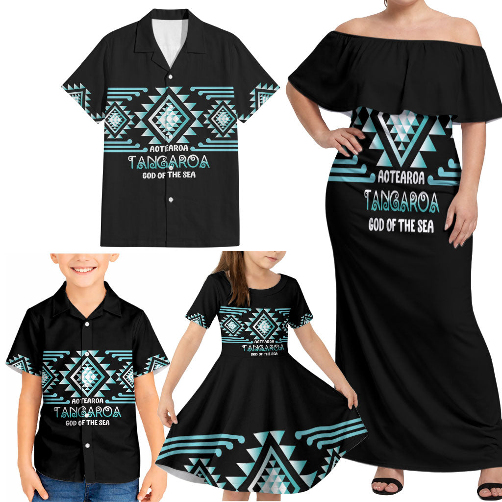 Aotearoa Atua Tangaroa Personalised Family Matching Off Shoulder Maxi Dress and Hawaiian Shirt Maori God Of The Sea Taniko Motifs