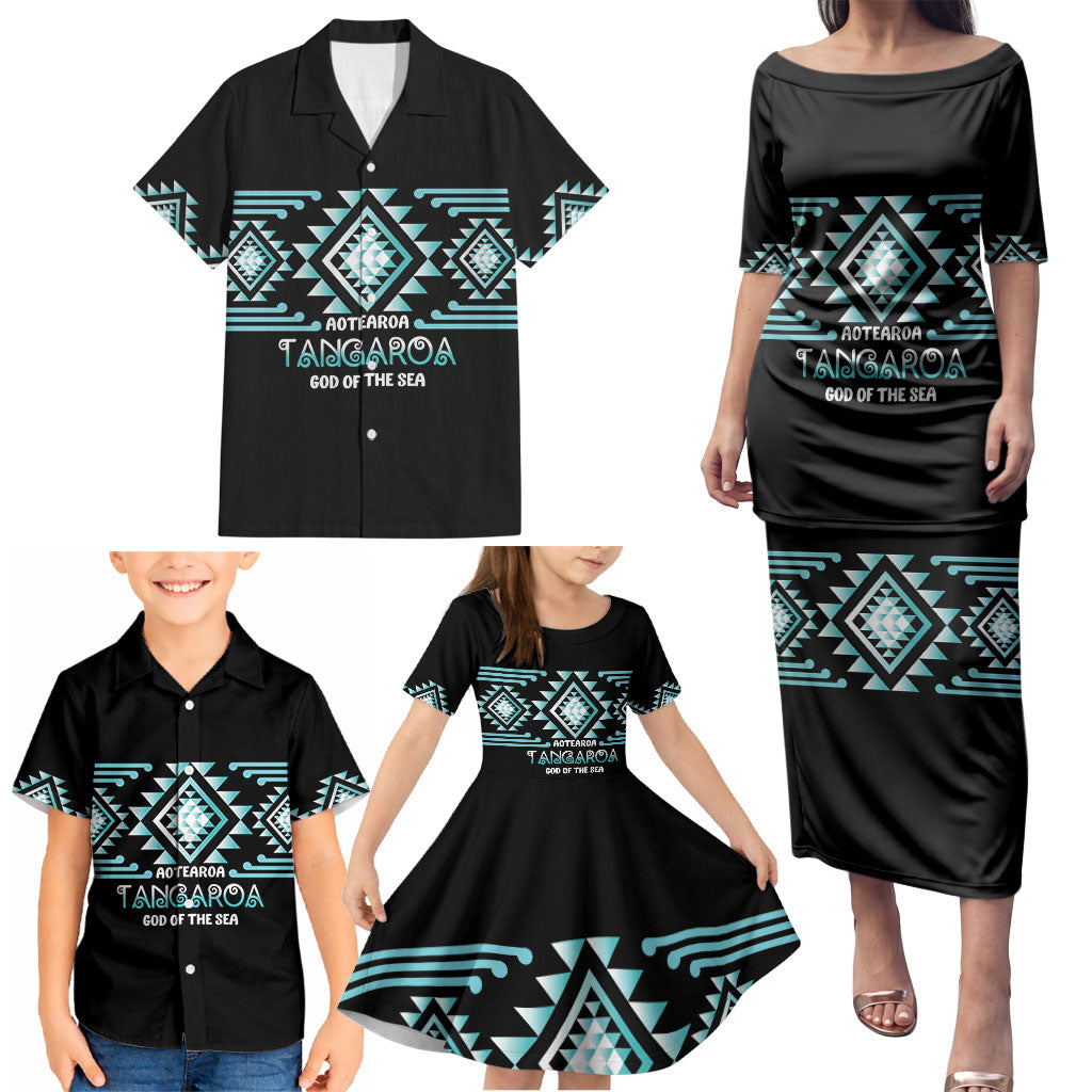 Aotearoa Atua Tangaroa Personalised Family Matching Puletasi and Hawaiian Shirt Maori God Of The Sea Taniko Motifs