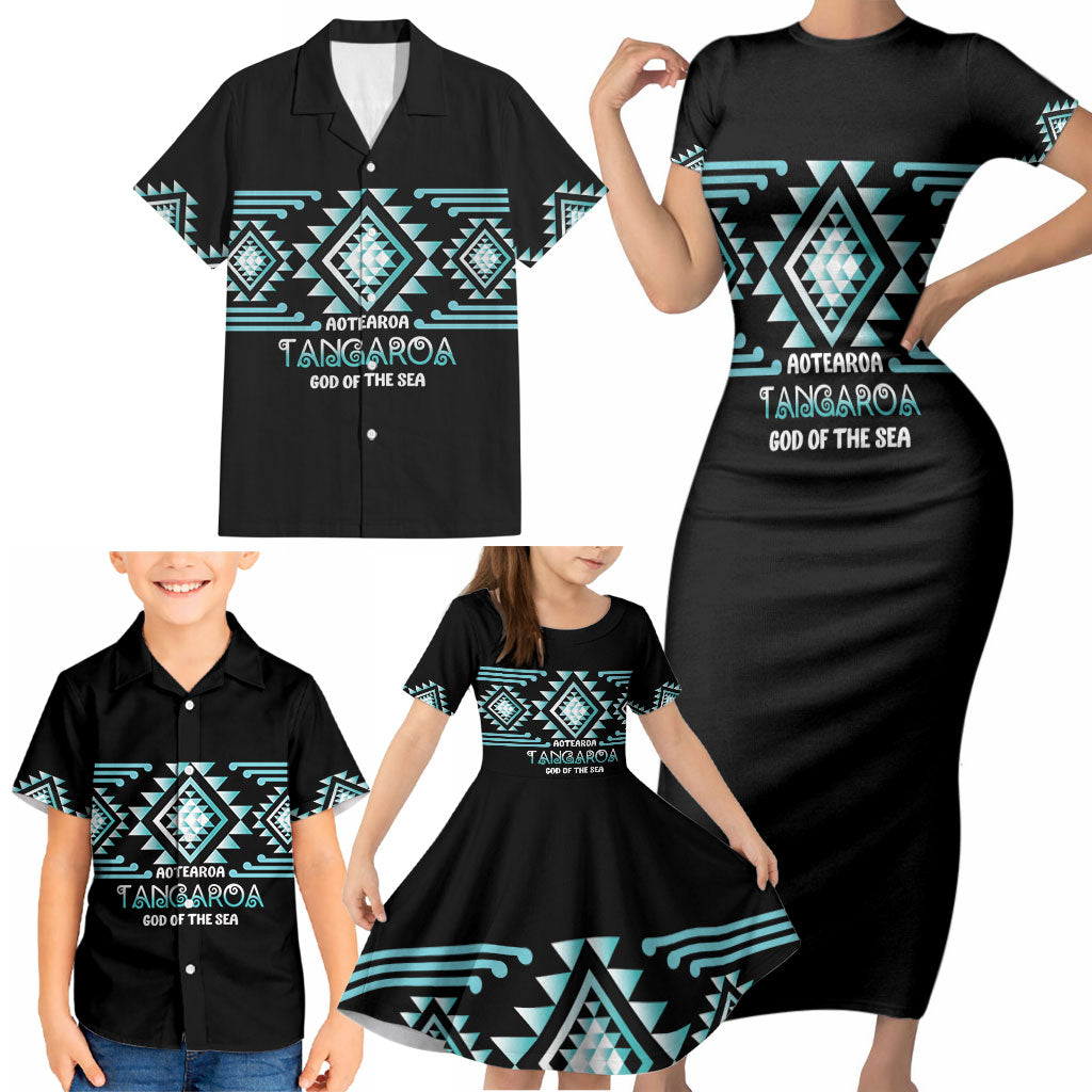 Aotearoa Atua Tangaroa Personalised Family Matching Short Sleeve Bodycon Dress and Hawaiian Shirt Maori God Of The Sea Taniko Motifs