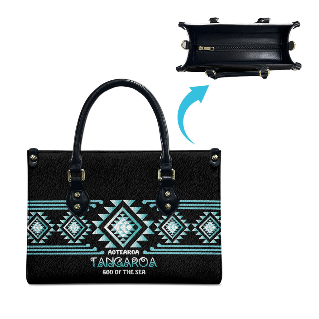 Aotearoa Atua Tangaroa Leather Bag Maori God Of The Sea Taniko Motifs