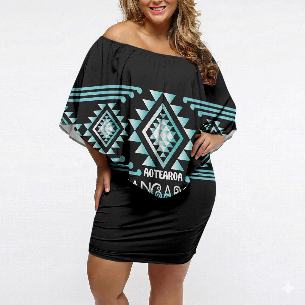 Aotearoa Atua Tangaroa Personalised Off Shoulder Short Dress Maori God Of The Sea Taniko Motifs