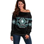 Aotearoa Atua Tangaroa Personalised Off Shoulder Sweater Maori God Of The Sea Taniko Motifs