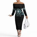 Aotearoa Atua Tangaroa Personalised Off The Shoulder Long Sleeve Dress Maori God Of The Sea Taniko Motifs