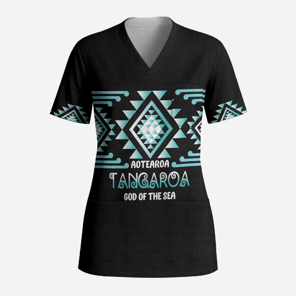 Aotearoa Atua Tangaroa Personalised Scrub Top Maori God Of The Sea Taniko Motifs