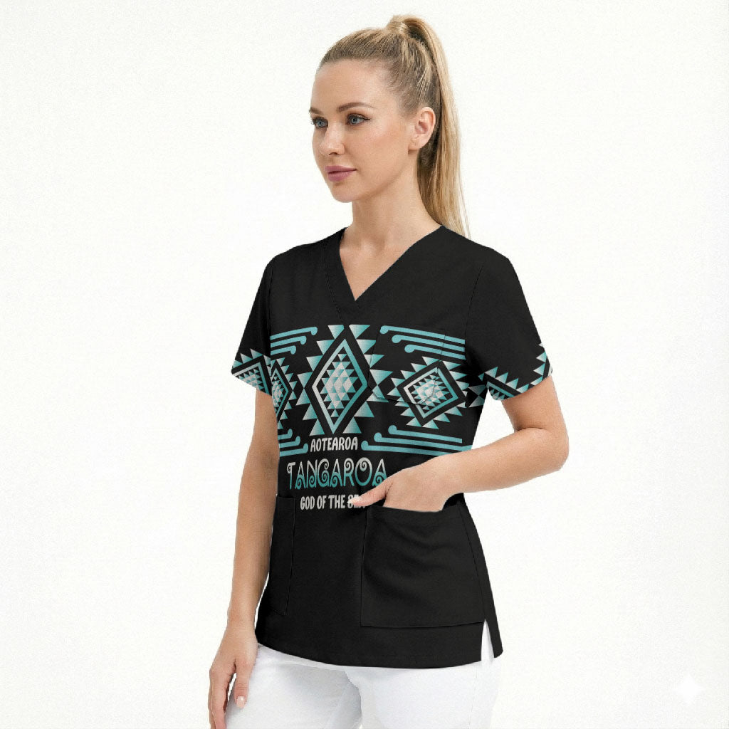 Aotearoa Atua Tangaroa Personalised Scrub Top Maori God Of The Sea Taniko Motifs