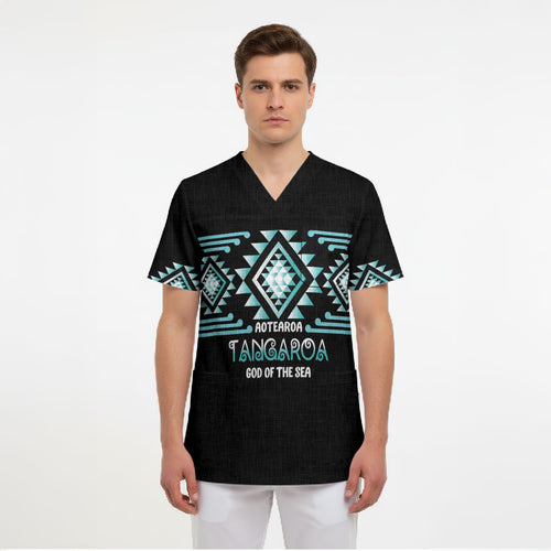 Aotearoa Atua Tangaroa Personalised Scrub Top Maori God Of The Sea Taniko Motifs
