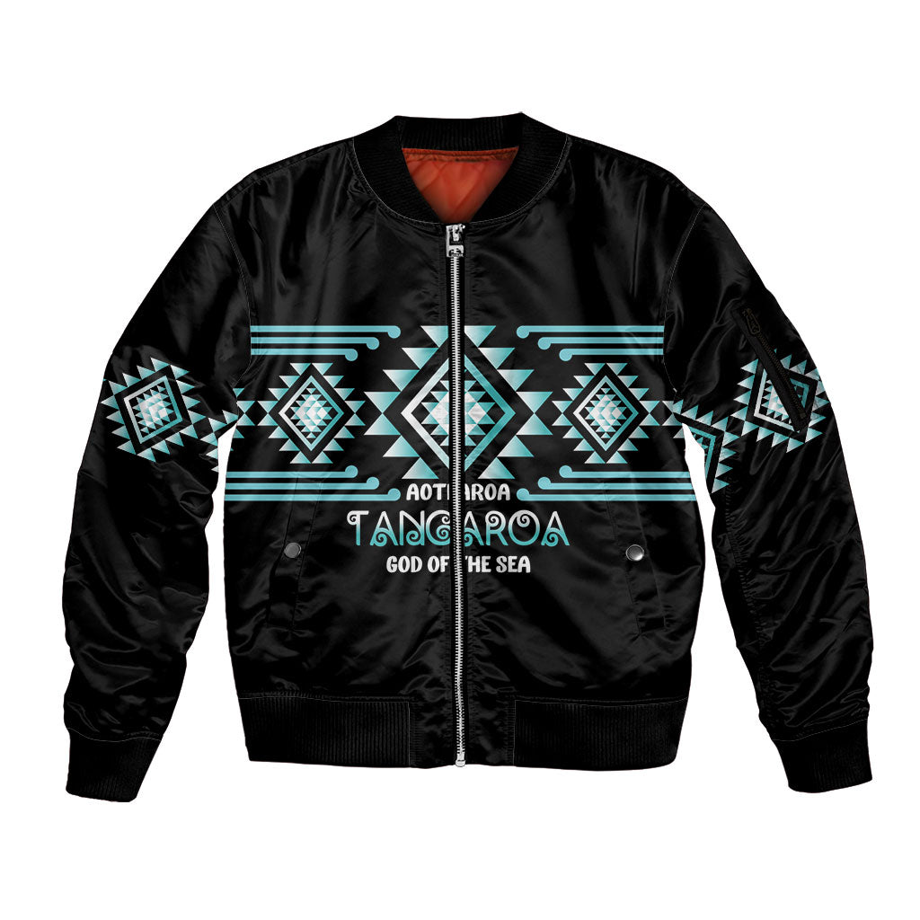 Aotearoa Atua Tangaroa Personalised Sleeve Zip Bomber Jacket Maori God Of The Sea Taniko Motifs