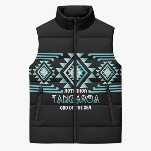 Aotearoa Atua Tangaroa Personalised Sleeveless Puffer Jacket Maori God Of The Sea Taniko Motifs