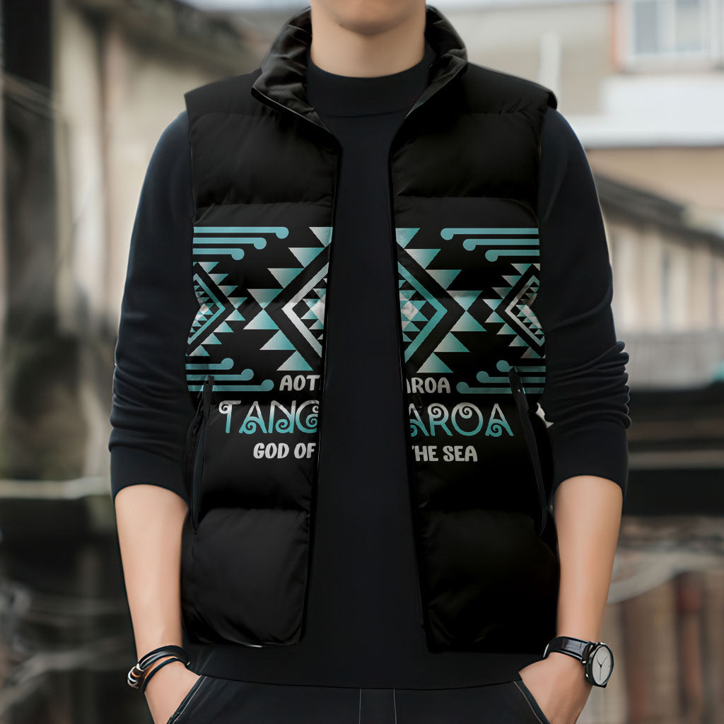 Aotearoa Atua Tangaroa Personalised Sleeveless Puffer Jacket Maori God Of The Sea Taniko Motifs