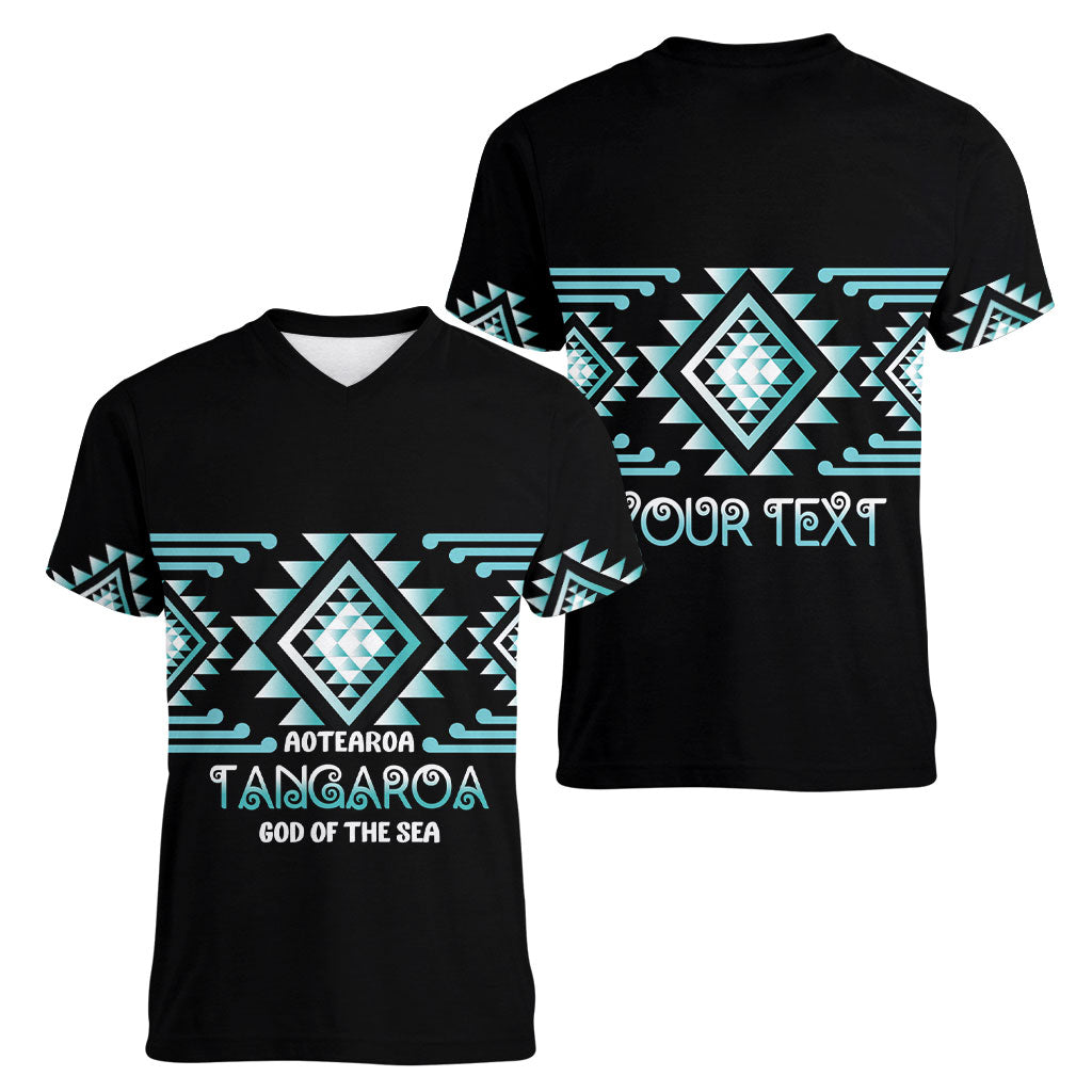 Aotearoa Atua Tangaroa Personalised Women V-Neck T-Shirt Maori God Of The Sea Taniko Motifs