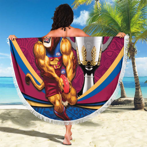 Personalised AFL Brisbane Lions Beach Blanket 2024 We Are The Champions - Trophy Style