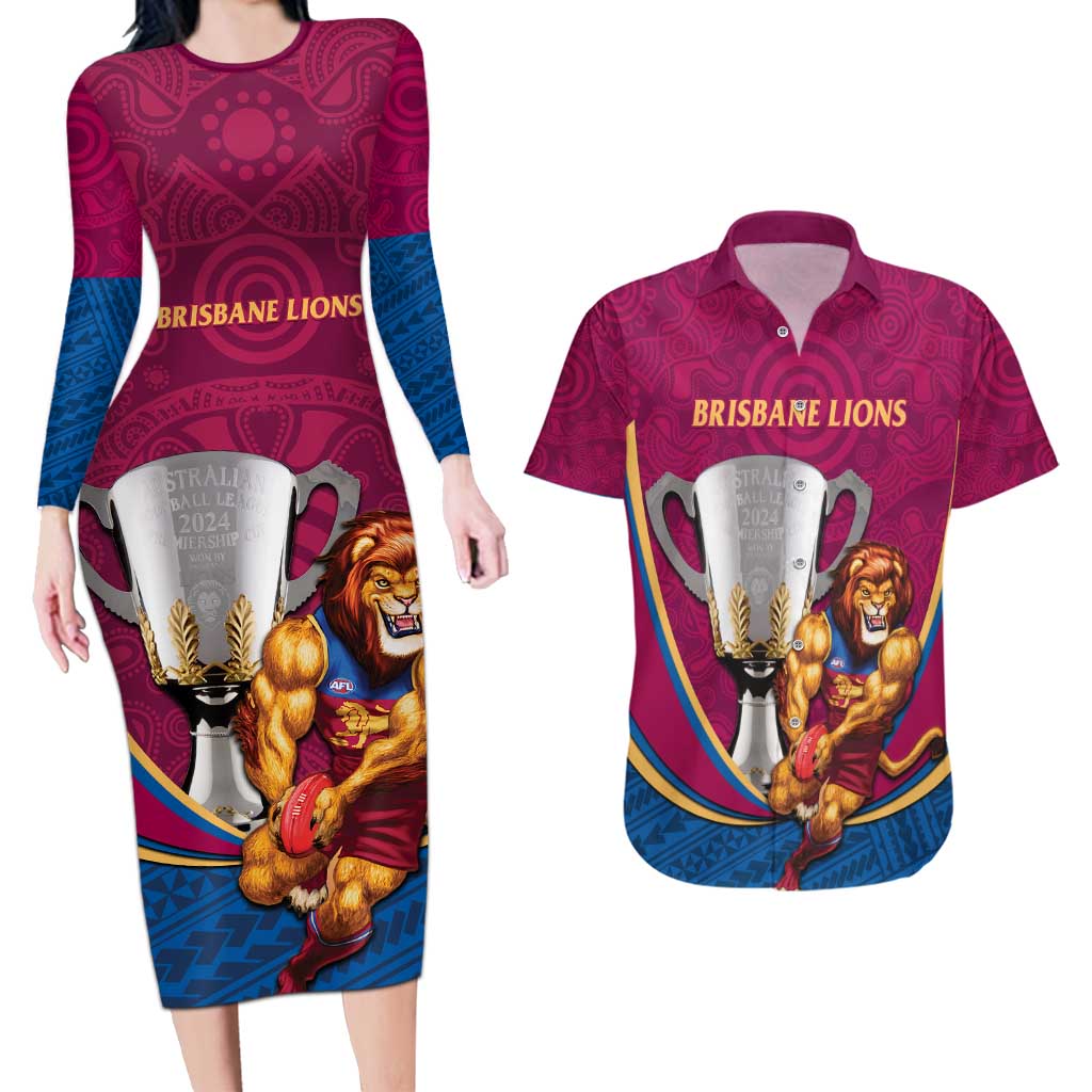 Personalised AFL Brisbane Lions Couples Matching Long Sleeve Bodycon Dress and Hawaiian Shirt 2024 We Are The Champions - Trophy Style