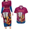 Personalised AFL Brisbane Lions Couples Matching Long Sleeve Bodycon Dress and Hawaiian Shirt 2024 We Are The Champions - Trophy Style