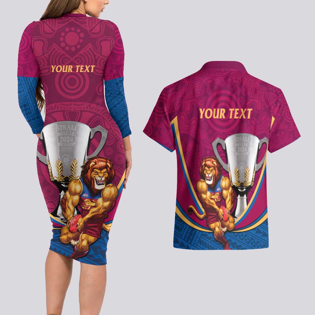Personalised AFL Brisbane Lions Couples Matching Long Sleeve Bodycon Dress and Hawaiian Shirt 2024 We Are The Champions - Trophy Style