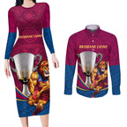 Personalised AFL Brisbane Lions Couples Matching Long Sleeve Bodycon Dress and Long Sleeve Button Shirt 2024 We Are The Champions - Trophy Style