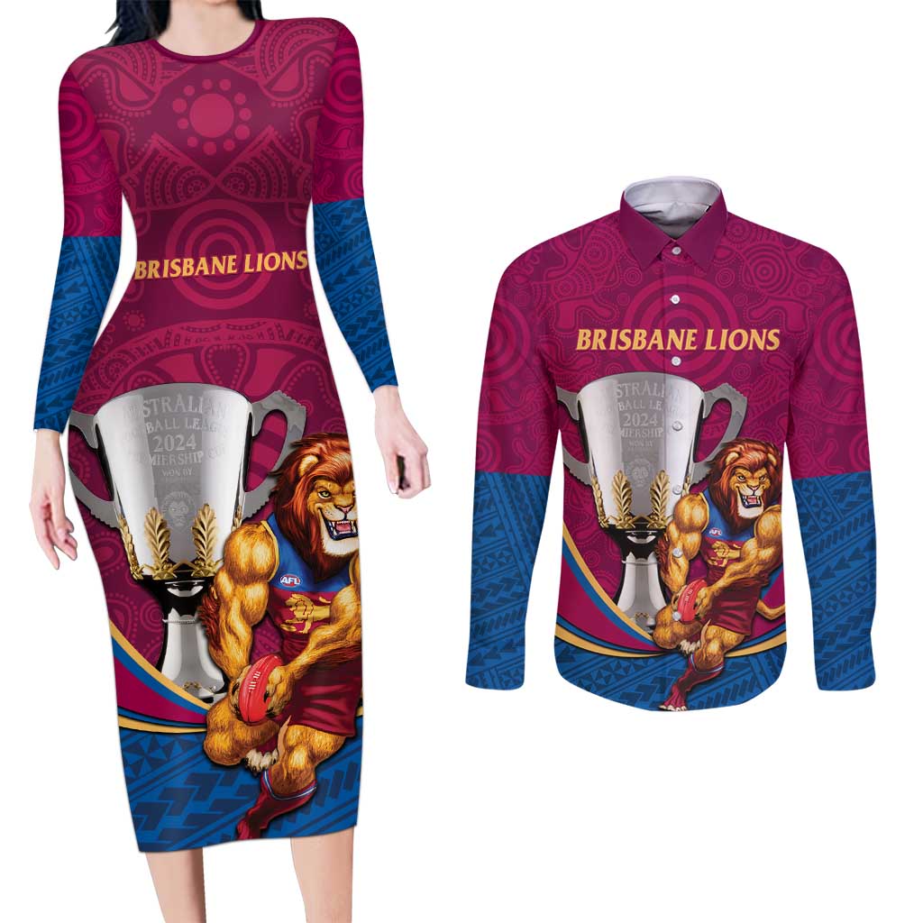 Personalised AFL Brisbane Lions Couples Matching Long Sleeve Bodycon Dress and Long Sleeve Button Shirt 2024 We Are The Champions - Trophy Style