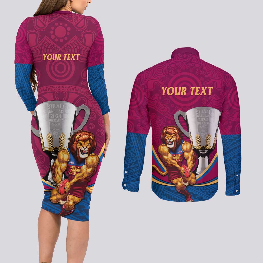 Personalised AFL Brisbane Lions Couples Matching Long Sleeve Bodycon Dress and Long Sleeve Button Shirt 2024 We Are The Champions - Trophy Style