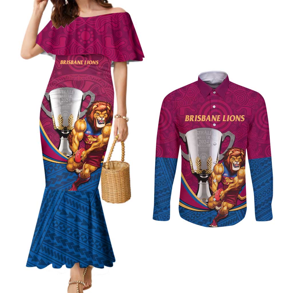 Personalised AFL Brisbane Lions Couples Matching Mermaid Dress and Long Sleeve Button Shirt 2024 We Are The Champions - Trophy Style