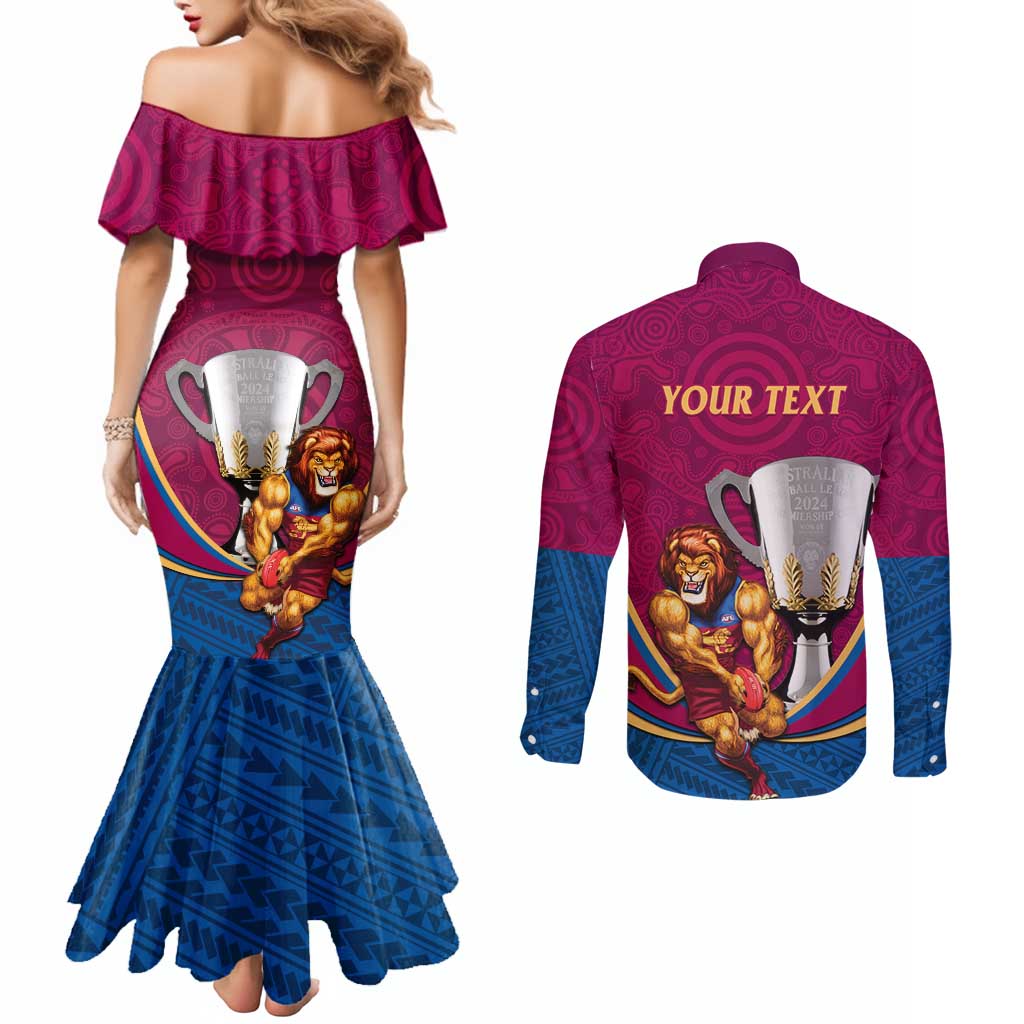 Personalised AFL Brisbane Lions Couples Matching Mermaid Dress and Long Sleeve Button Shirt 2024 We Are The Champions - Trophy Style