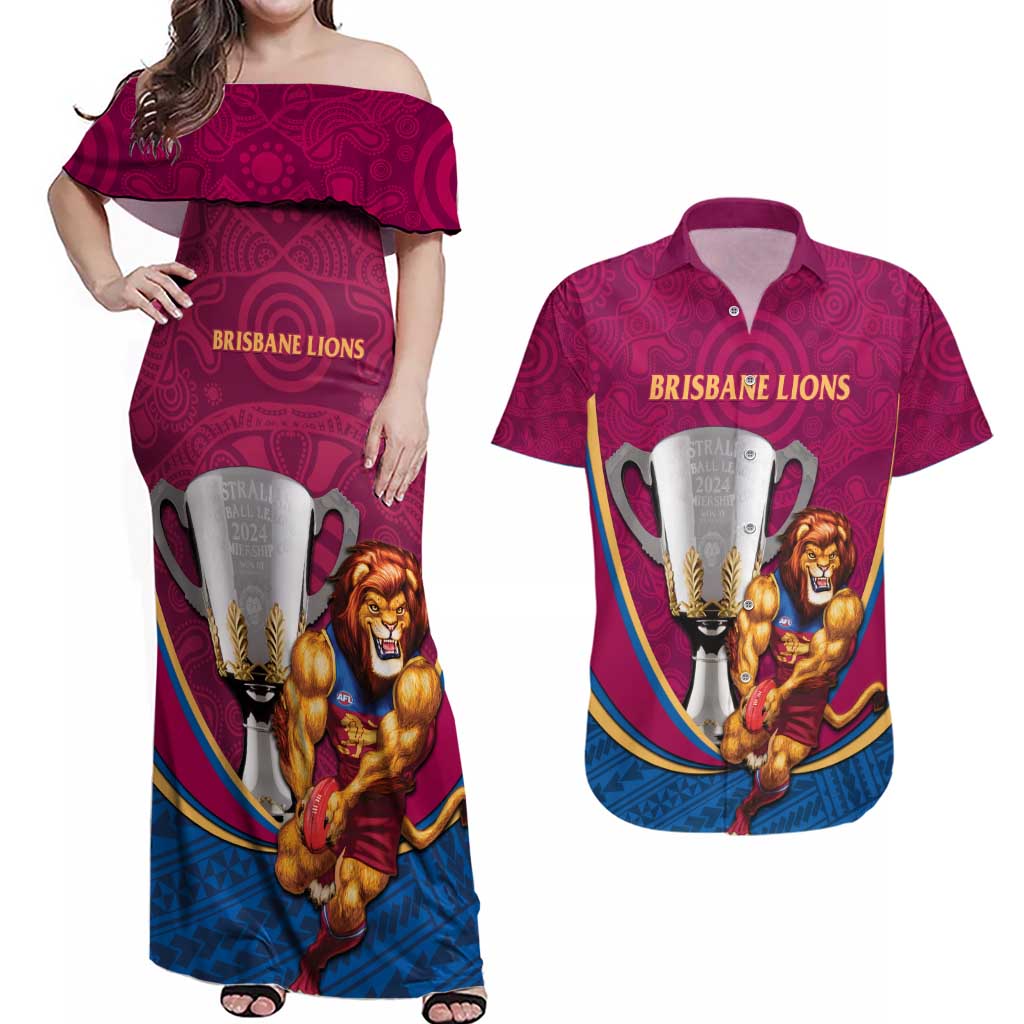 Personalised AFL Brisbane Lions Couples Matching Off Shoulder Maxi Dress and Hawaiian Shirt 2024 We Are The Champions - Trophy Style