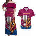 Personalised AFL Brisbane Lions Couples Matching Off Shoulder Maxi Dress and Hawaiian Shirt 2024 We Are The Champions - Trophy Style