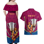 Personalised AFL Brisbane Lions Couples Matching Off Shoulder Maxi Dress and Hawaiian Shirt 2024 We Are The Champions - Trophy Style