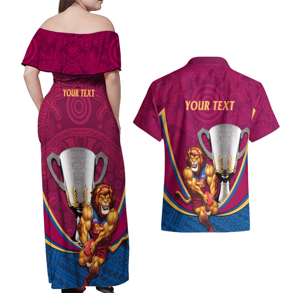 Personalised AFL Brisbane Lions Couples Matching Off Shoulder Maxi Dress and Hawaiian Shirt 2024 We Are The Champions - Trophy Style