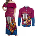 Personalised AFL Brisbane Lions Couples Matching Off Shoulder Maxi Dress and Long Sleeve Button Shirt 2024 We Are The Champions - Trophy Style