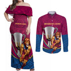 Personalised AFL Brisbane Lions Couples Matching Off Shoulder Maxi Dress and Long Sleeve Button Shirt 2024 We Are The Champions - Trophy Style