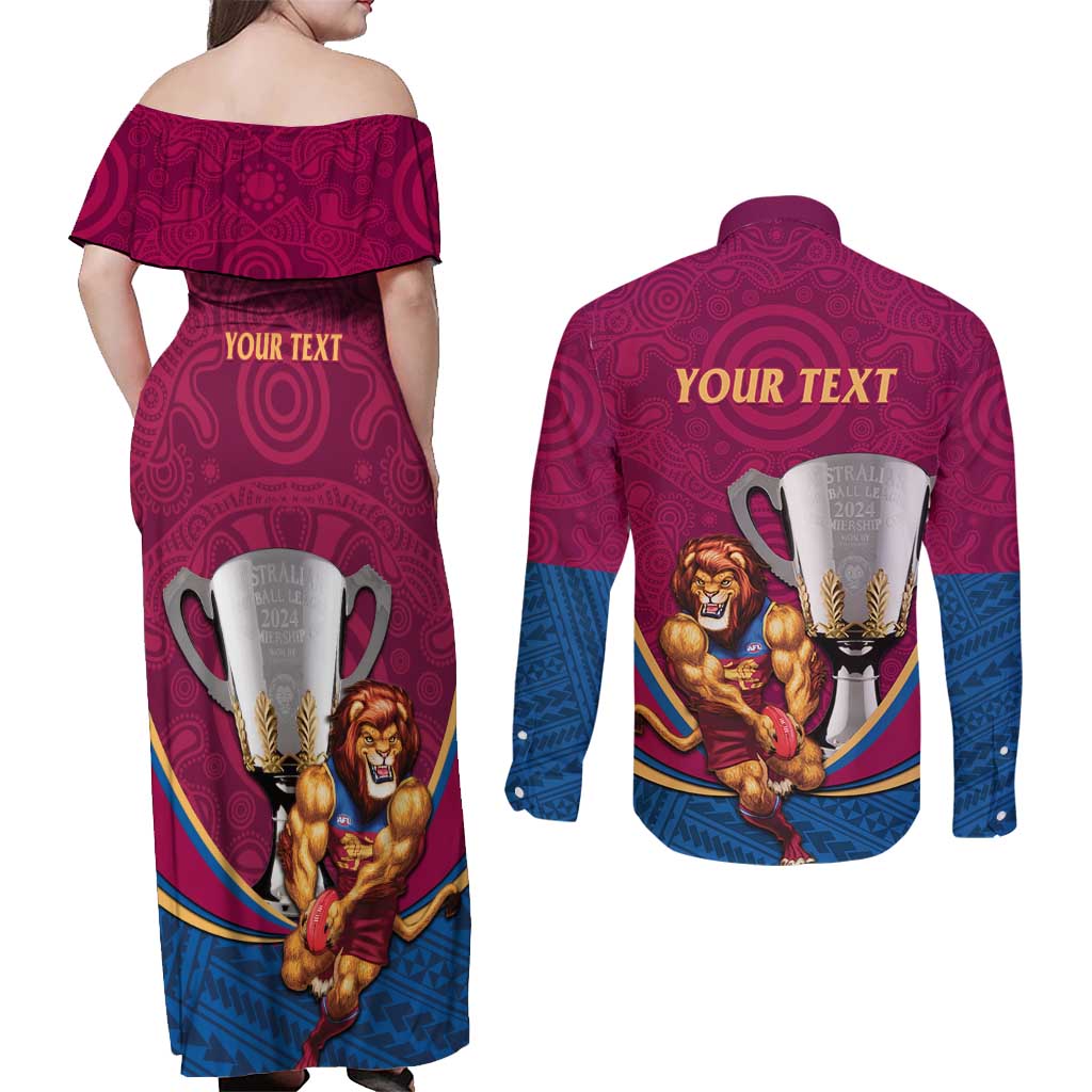 Personalised AFL Brisbane Lions Couples Matching Off Shoulder Maxi Dress and Long Sleeve Button Shirt 2024 We Are The Champions - Trophy Style