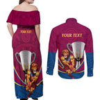 Personalised AFL Brisbane Lions Couples Matching Off Shoulder Maxi Dress and Long Sleeve Button Shirt 2024 We Are The Champions - Trophy Style