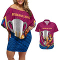 Personalised AFL Brisbane Lions Couples Matching Off Shoulder Short Dress and Hawaiian Shirt 2024 We Are The Champions - Trophy Style