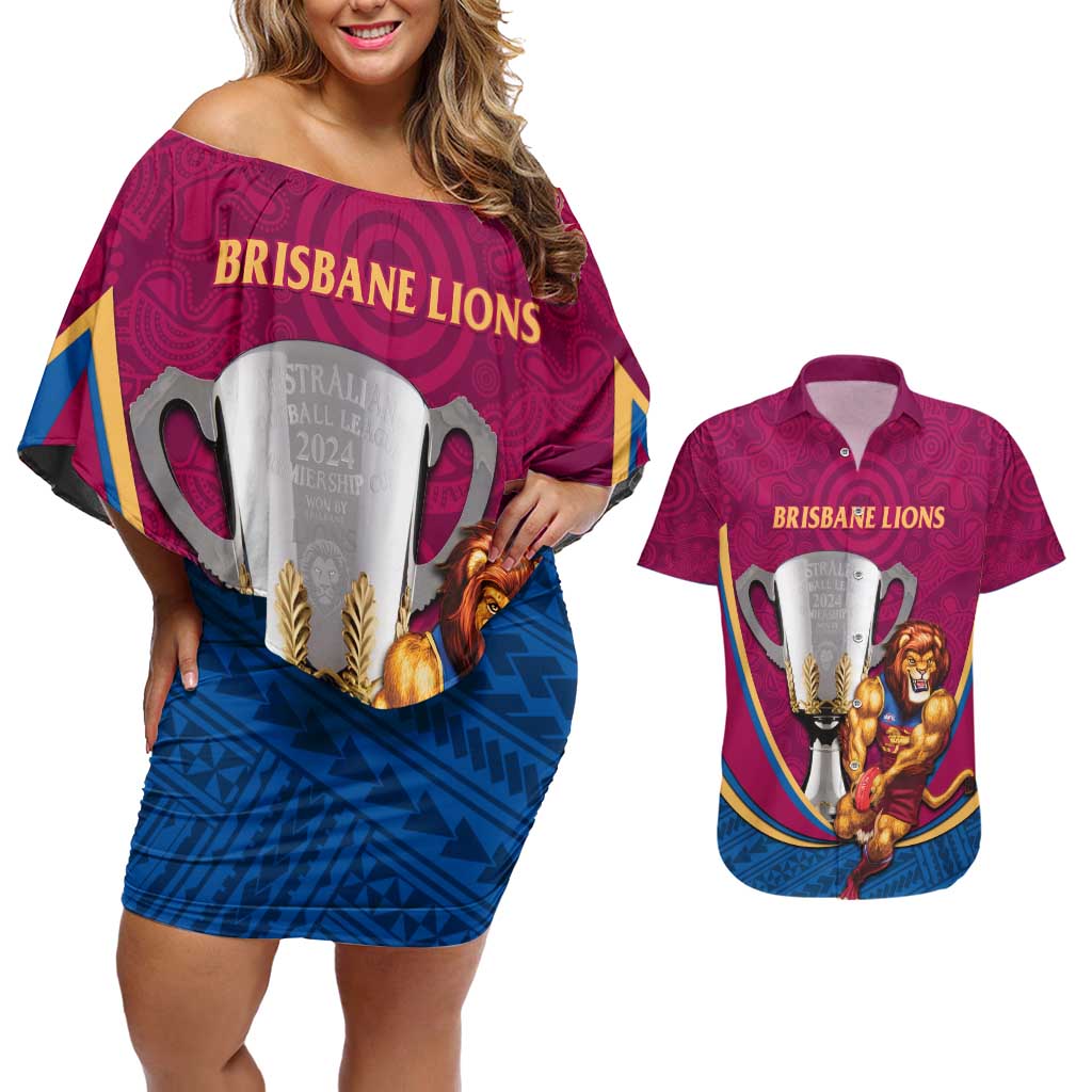Personalised AFL Brisbane Lions Couples Matching Off Shoulder Short Dress and Hawaiian Shirt 2024 We Are The Champions - Trophy Style