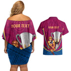 Personalised AFL Brisbane Lions Couples Matching Off Shoulder Short Dress and Hawaiian Shirt 2024 We Are The Champions - Trophy Style