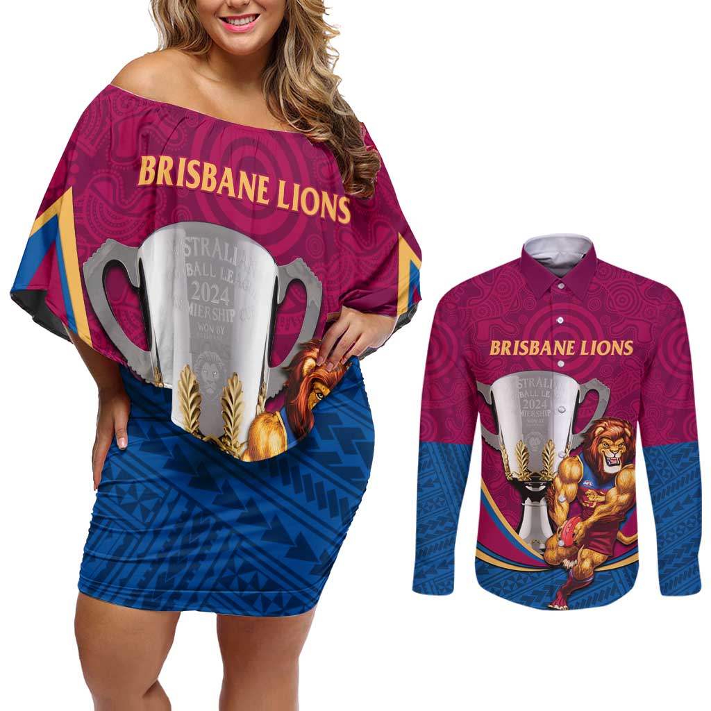 Personalised AFL Brisbane Lions Couples Matching Off Shoulder Short Dress and Long Sleeve Button Shirt 2024 We Are The Champions - Trophy Style